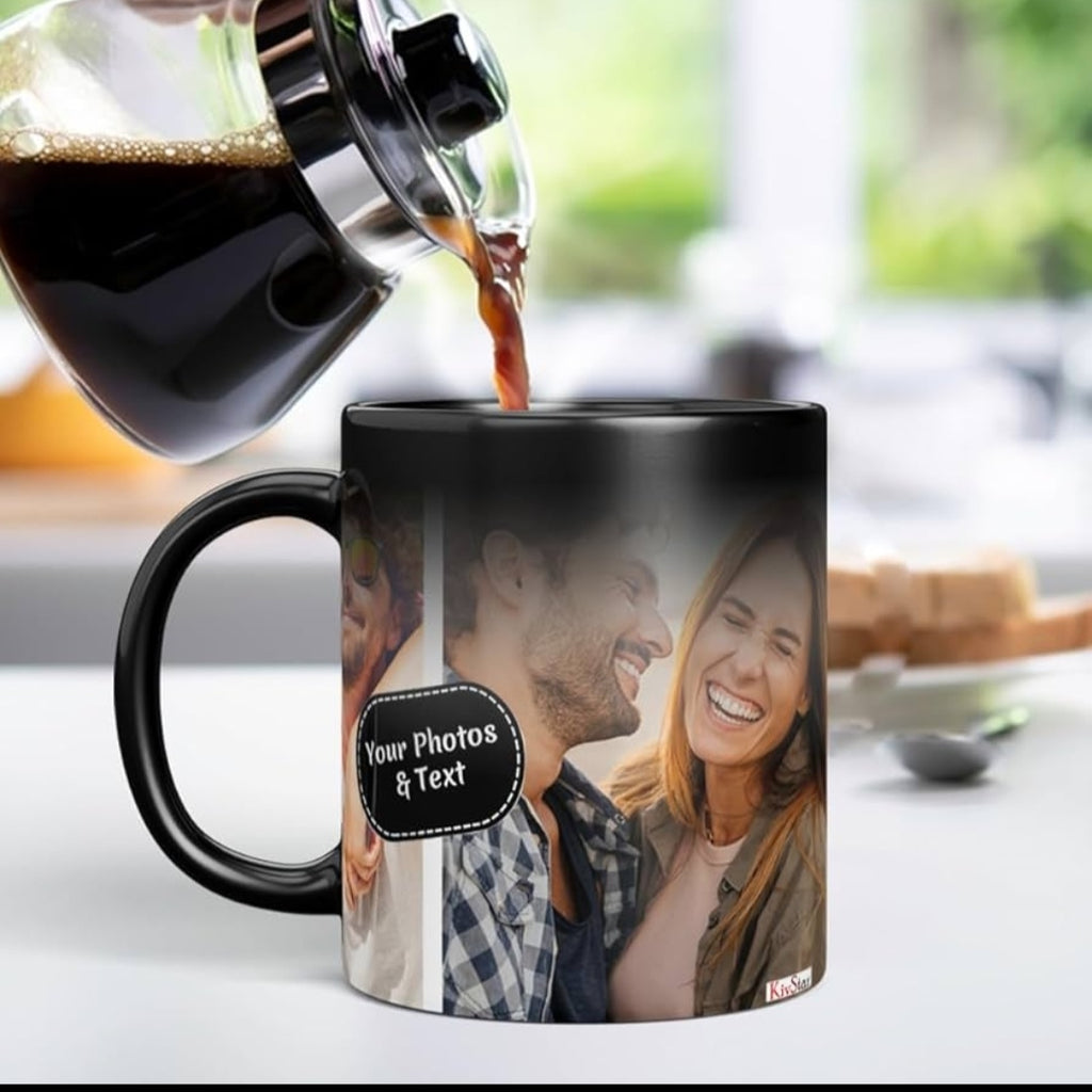 Black mug with a printed design of a couple being filled with coffee